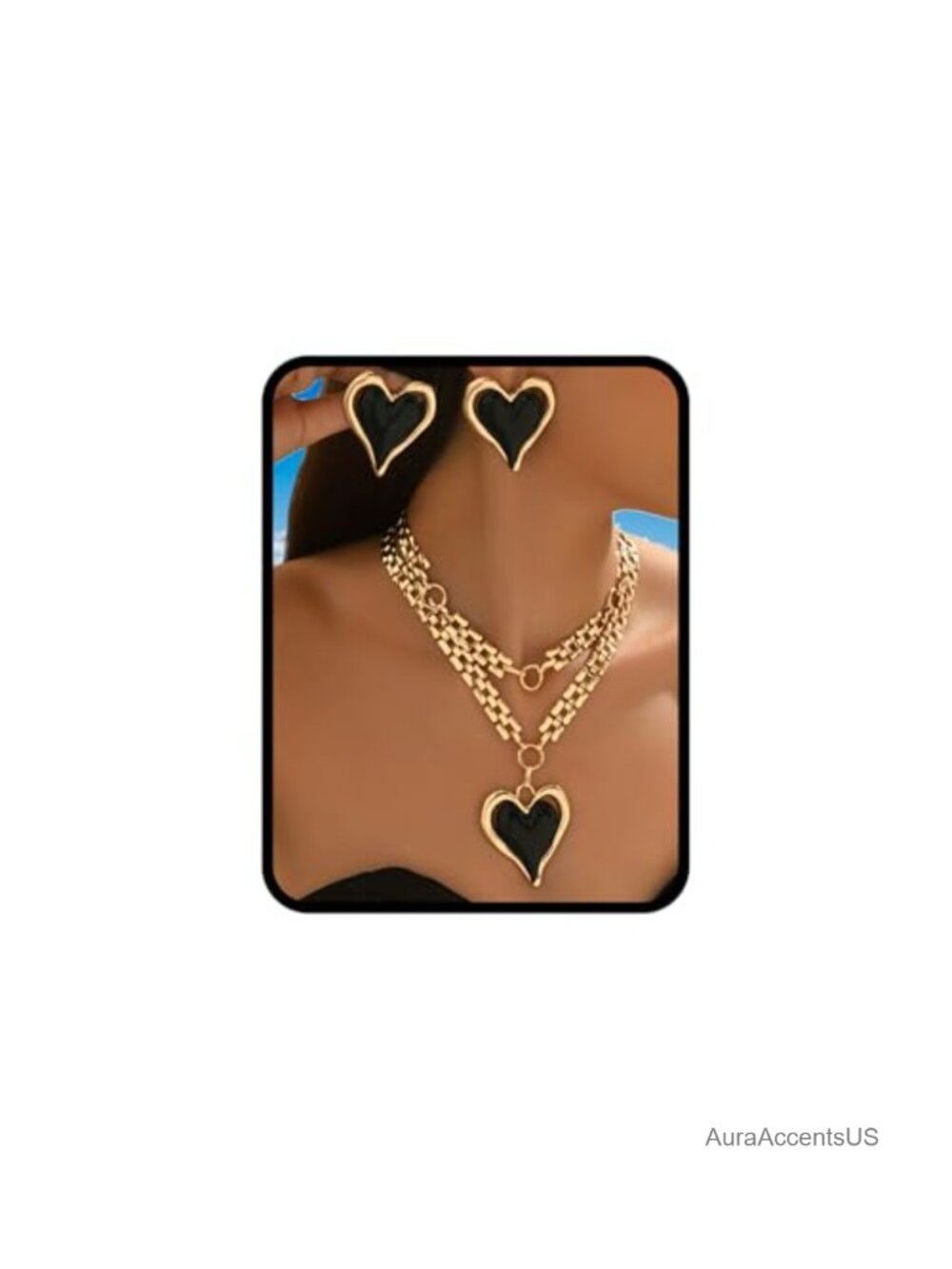 Chunky Layered Gold Plated Heart Necklace and Earrings Set Women Jewelry